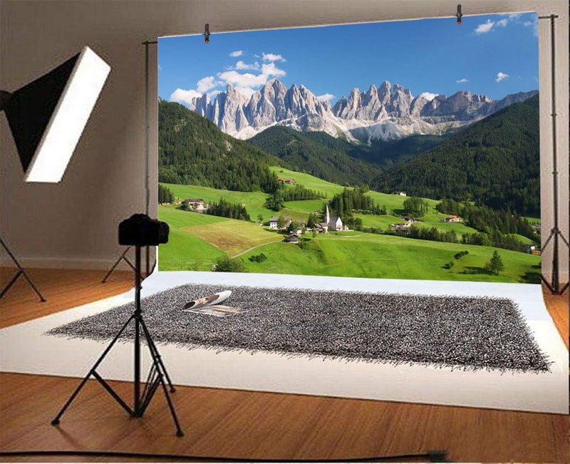 Laeacco European Alps Backdrop 5x3ft Photography Background Dolomites Swiss Mountains Green Forest Blue Sky Scenic Spot Outdoor Photo Background Studio Props Photo Studio - Image 1
